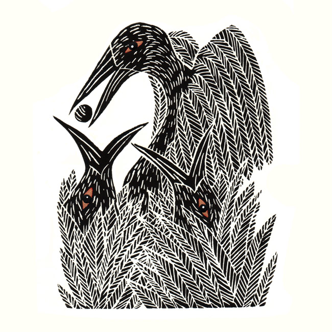 Feeding the chicks: Linocut by Cally Trench